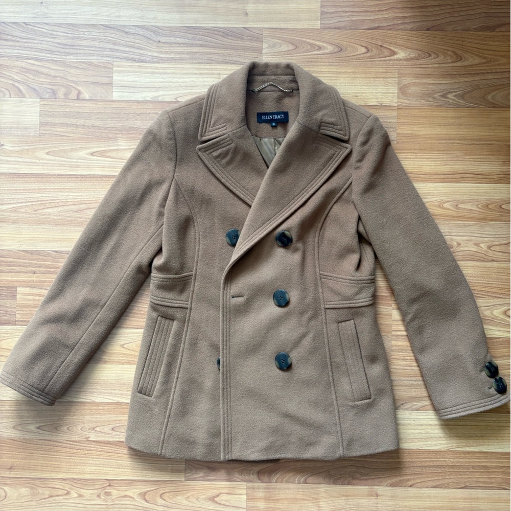 Ellen Tracy Camel Double-Breasted Pea Coat